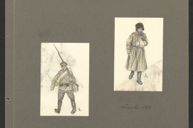 Zwei Zeichnungen von Soldaten in russischer Uniform. Einer bewaffnet in voller Montur, einer ohne Waffen mit verbundenem linken Arm.