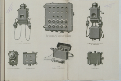 Prospektseite mit abgebildeten Grubentelefonen und Zubehör