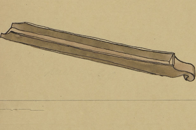 Zeichnung eines schmalen Holzgefäßes, an einer Seite offen mit Griff