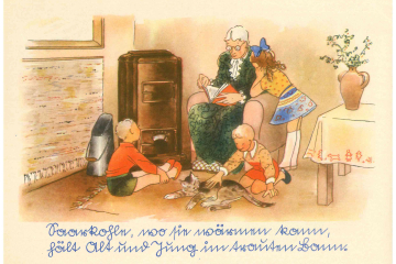 Alte Frau im Sessel vor Ofen liest Kindern aus einem Buch vor und gereimter Text