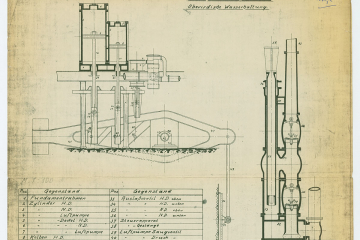 Zeichnung mit technischen Details einer durch eine Dampfmaschine betriebenen Wasserpumpe im Bergbau