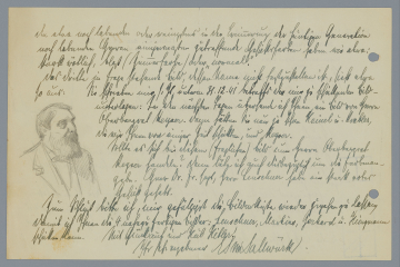Auszug eines handschriftlichen Briefes von Sallwürk an Winkelmann, links eine Bleistiftskizze von Hugo Schultz.