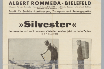 Faltblatt mit Werbetext und Bildern zu einem Wiederbelebungsgerät