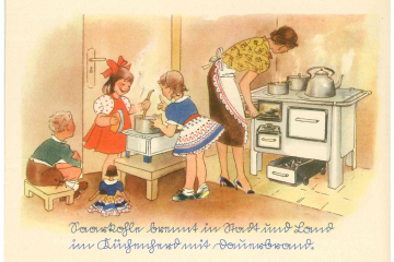 Frau legt Kohle in einen Küchenherd nach und gereimter Text