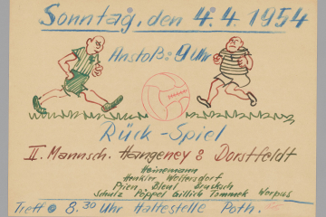 Dargestellt ist ein mit Buntstiften gestalteter Aushang mit diversen Informationen und Illustrationen zu einem Fußballspiel am 04.04.1954.