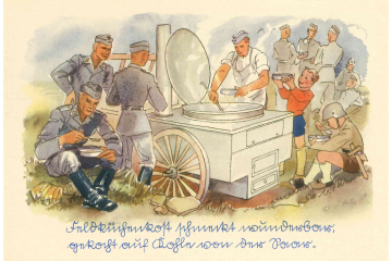 Soldaten und ein Junge an einer Feldküche und gereimter Text