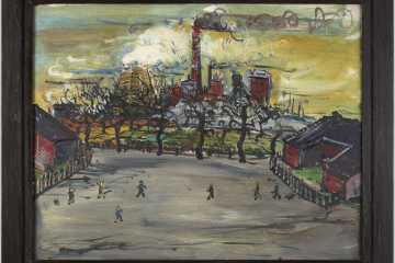 Dargestellt sind schemenhafte Menschen auf einer freien Fläche zwischen den Häusern. Im Hintergrund sind Industrieanlagen zu sehen.