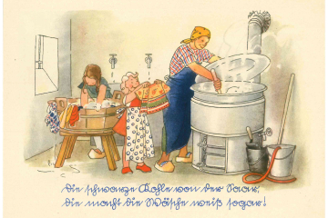 Frau und Mädchen beim Wäschewaschen und gereimter Text