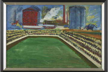 Dargestellt ist ein mit Menschen gefülltes Stadion. Im Hintergrund sind Industrieanlagen zu sehen.