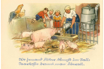 Frau und Kinder füttern Schweine und gereimter Text