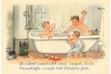 Jungen planschen in einer Badewanne und gereimter Text