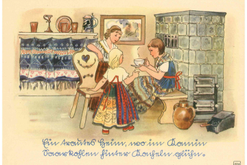 Ein Mädchen und zwei junge Frauen vor einem Kachelofen und gereimter Text