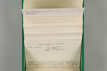 Alternativtext: grüner Kasten mit beschrifteten und beklebten Karteikarten