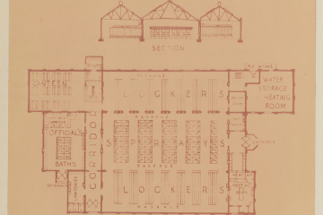 Plan mit einem Aufriss eines Gebäudes und einem Grundriss mit Beschriftung in englischer Sprache