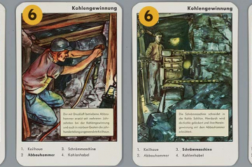 Foto von vier nebeneinanderliegenden Karten, die den Kohlenabbau mit Keilhaue, Abbauhammer, Schrämmaschine und Kohlenhobel zeigen.