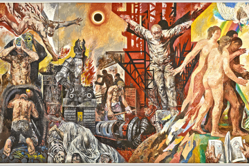 Auf dem Gemälde ist am linken unteren Bildrand ein Bergmann auf der Suche nach Rohstoffen dargestellt. In der Mitte sind eine Ritterrüstung in Flammen, Arbeiter, eine verdunkelte Sonne und tote Menschen zu angeordnet. Rechts sind ein gekreuzigter Mensch, nackte Menschen, ein Regenbogen, ein Greifvogel und eine grüne Landschaft abgebildet.