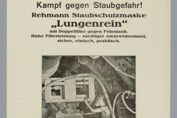 Werbeblatt für die Staubschutzmaske „Lungenrein“ mit dem Foto eines Bergmanns mit Maske bei Ladearbeiten unter Tage