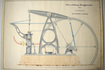 großformatige kolorierte Technische Zeichnung einer Dampfmaschine