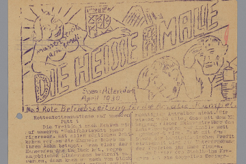 Auf vergilbten Papier gedruckte Zeitung mit dem Titel ‚Die Heisse Amalie‘. Zeichnungen verzieren das einfach gestaltete Blatt