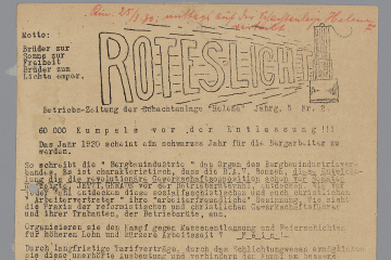 Vorderseite der Zeitschrift ‚Rotes Licht‘ mit maschinenschriftlichem Text und Illustrationen zu der anstehenden Betriebsratswahl; handschriftliche Notiz oben: Am 25/3.30. mittags auf der Schachtanlage Helene verteilt.
