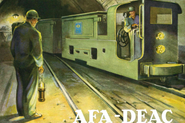 Werbeprospekt mit Zeichnung einer Grubenlokomotive und zweier Bergleute