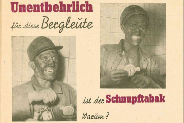 Werbeblatt für Schnupftabak mit Abbildung von Bergleuten mit Schnupftabakflaschen und Text