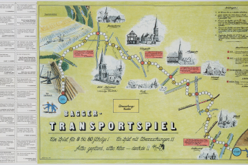 Spielplan Bagger-Transportspiel mit aufgedruckten Spielregeln