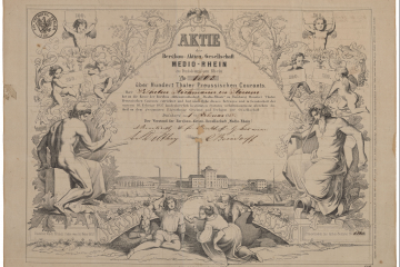 Aktienschein Medio-Rhein mit Angaben zu Wert und Besitzer umrahmt von verschiedenen Zeichnungen