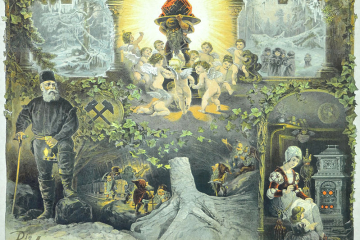 Werbeplakat Anthrazitkohle der Zeche Piesberg mit Text und Zeichnungen darunter ein fossiler Baumstumpf 