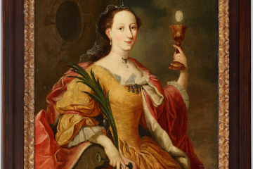 Frau in Kleid in den Händen ein Kelch mit Hostie und ein Palmzweig vor einem Turm