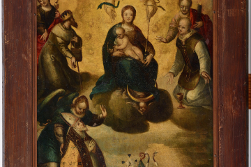 Kniender Bischof mit Engel unterhalb Marias mit dem Jesuskind